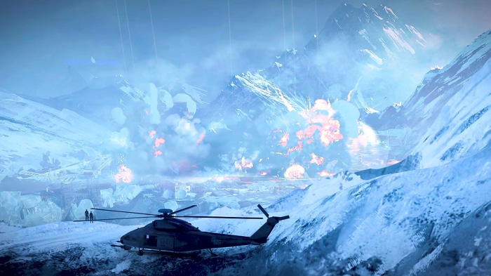 Crossfire: Legion helicopter in snowy mountains with explosions