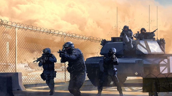 Soldiers and tank in a desert environment