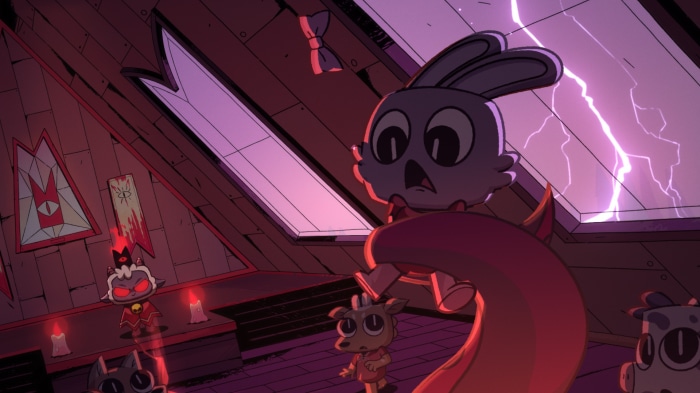 Cult of the Lamb characters in a dark room