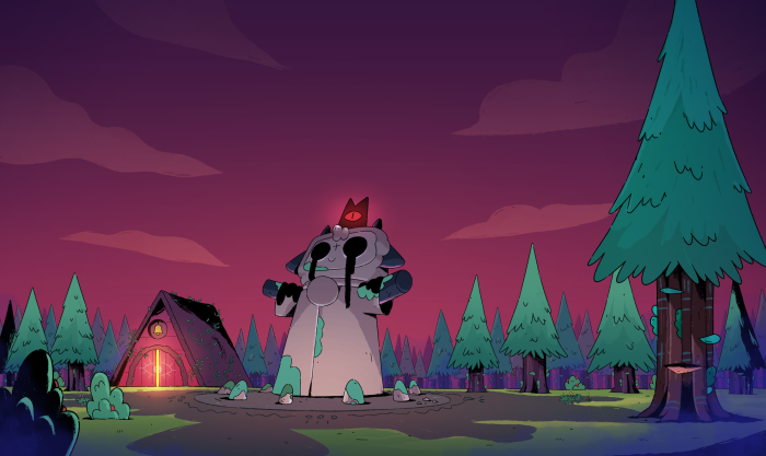Cult of the Lamb statue and building in forest