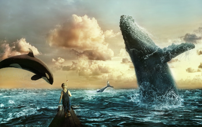 Child fishing with orca and whale in ocean 4K