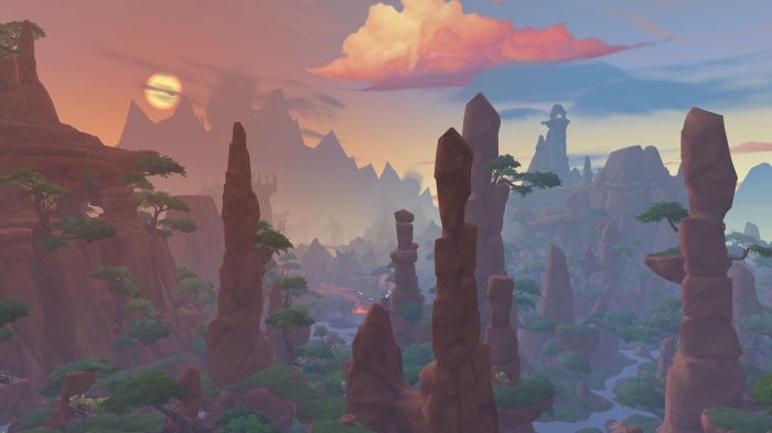 World of Warcraft: Dragonflight landscape with rock spires