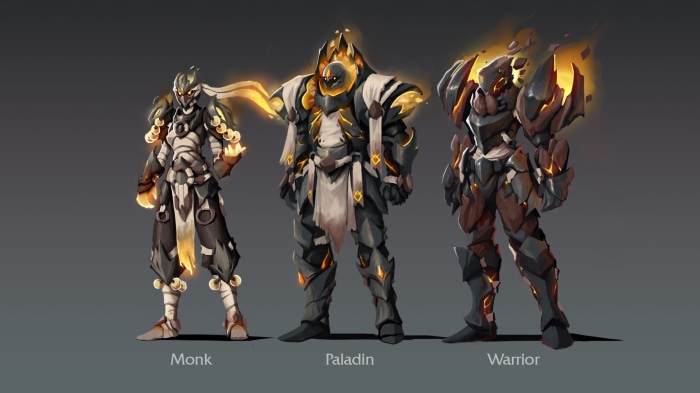 Monk, Paladin, and Warrior characters with fiery armor