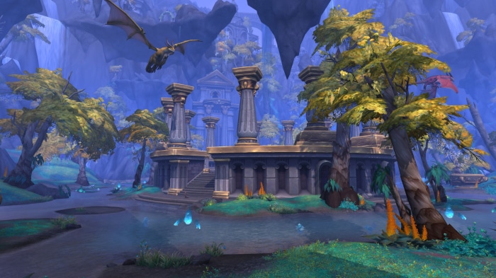 World of Warcraft: Dragonflight ancient ruins with dragon