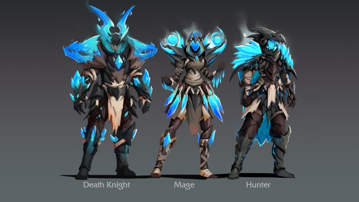 Death Knight, Mage, and Hunter armor sets from World of Warcraft: Dragonflight