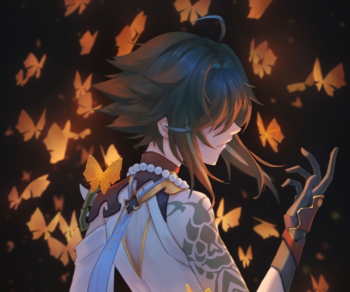 Xiao from Genshin Impact with butterflies