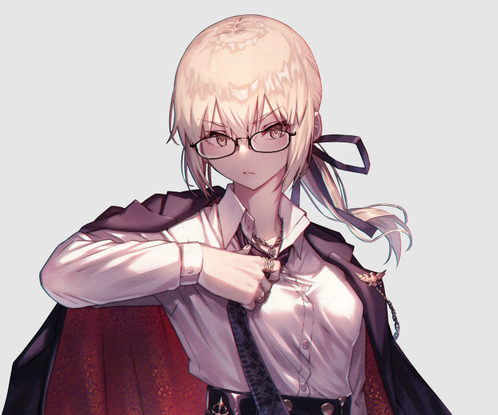 Saber from Fate/Stay Night wearing glasses and a suit