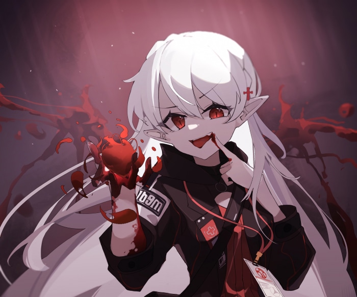 Warfarin from Arknights holding a bloody heart