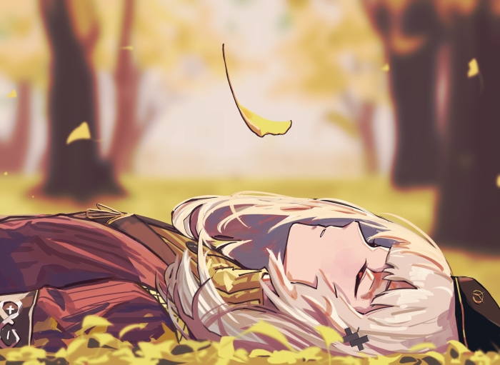 Ptilopsis from Arknights lying in autumn leaves