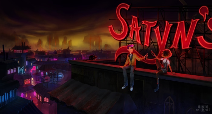 Characters on a rooftop in front of Satyn's sign
