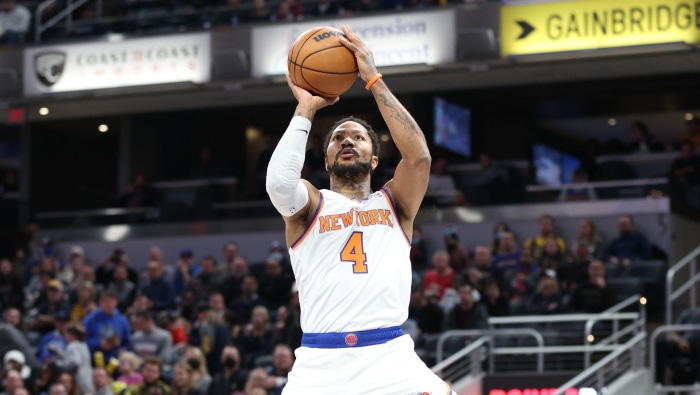 Derrick Rose of the New York Knicks shooting a basketball