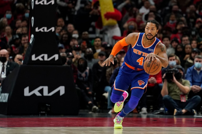 Derrick Rose of the New York Knicks dribbling a basketball
