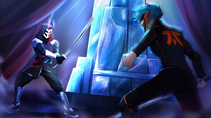 Two masked figures with swords in front of an ice throne
