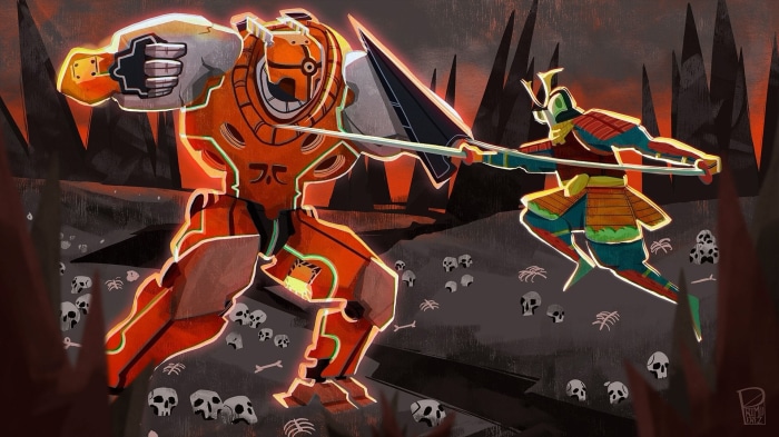 Samurai fighting a giant robot