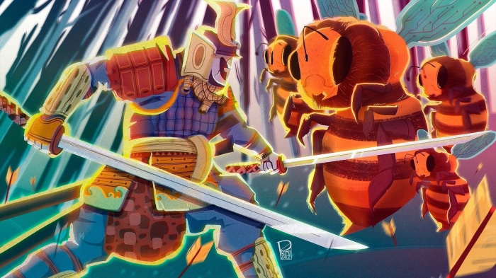 Samurai fighting giant bees