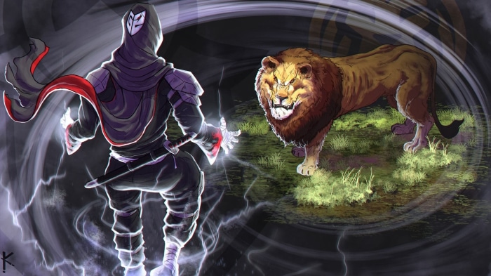 Ninja facing a lion with lightning effects