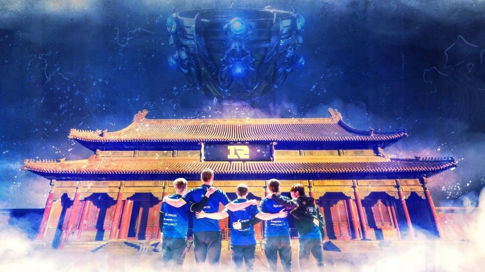 G2 Esports team in front of traditional building