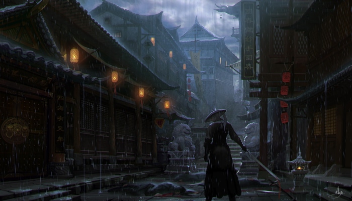 Fantasy Ninja in a rainy Japanese town