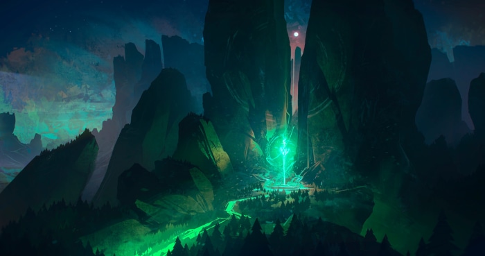 A beam of light in a rocky, mountainous landscape at night