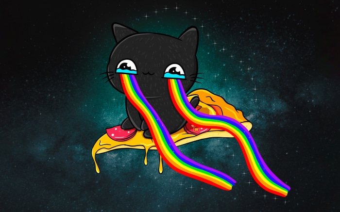 Black cat crying rainbows on pizza in space