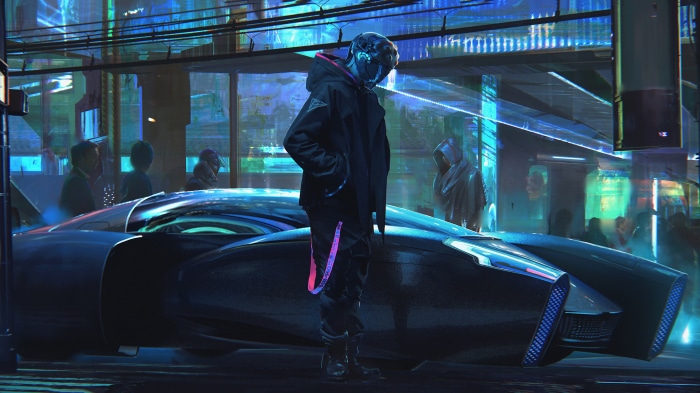 Cyberpunk character with futuristic car in neon city 4K