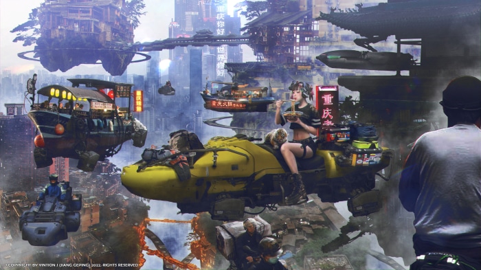 Sci Fi Cyberpunk Cityscape with Flying Vehicles 4K