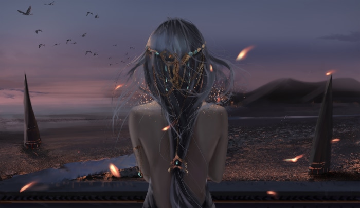 Fantasy Woman with Braids and Headband at Dusk