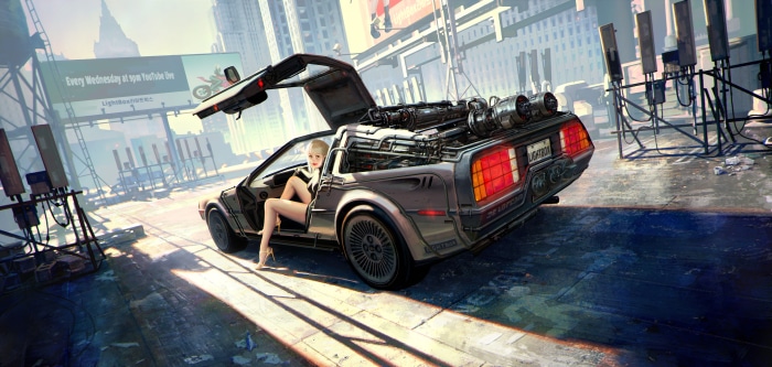 Woman in DeLorean time machine in futuristic city