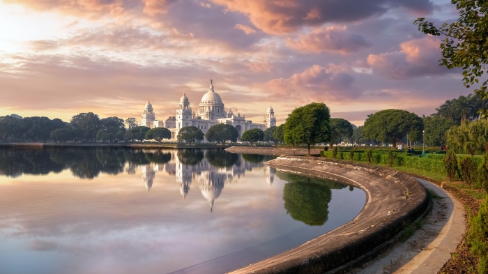Victoria Memorial with lake and garden in Kolkata, India