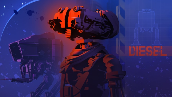 Robot with "DIESEL" text and blueprint