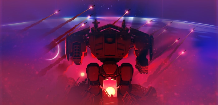 Mech in space with missiles and planets