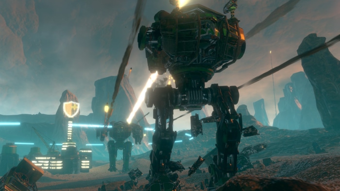 Mechs in a desolate landscape with futuristic structures