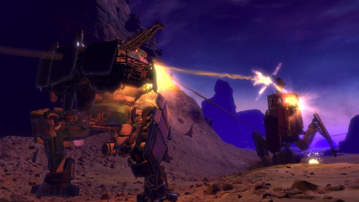 Two mechs in combat on a rocky planet