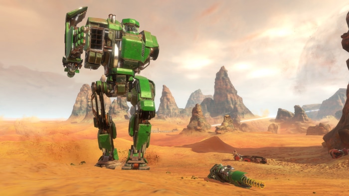 Green mech in a desert landscape