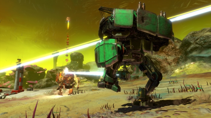 Mechs firing lasers on a desolate planet
