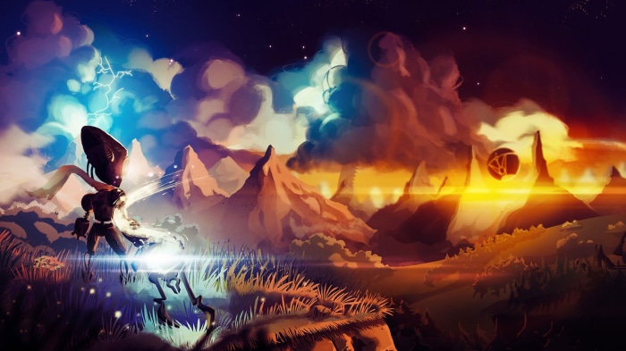 A lone figure in a surreal landscape with lightning