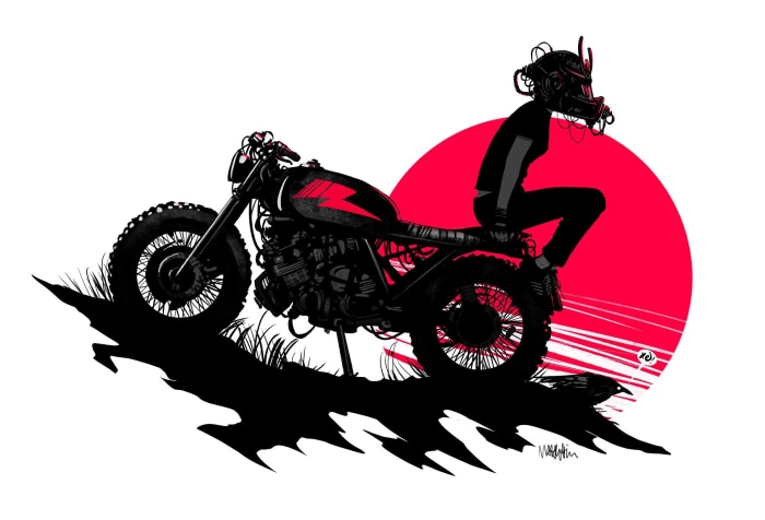 Biker girl with futuristic helmet on a motorcycle