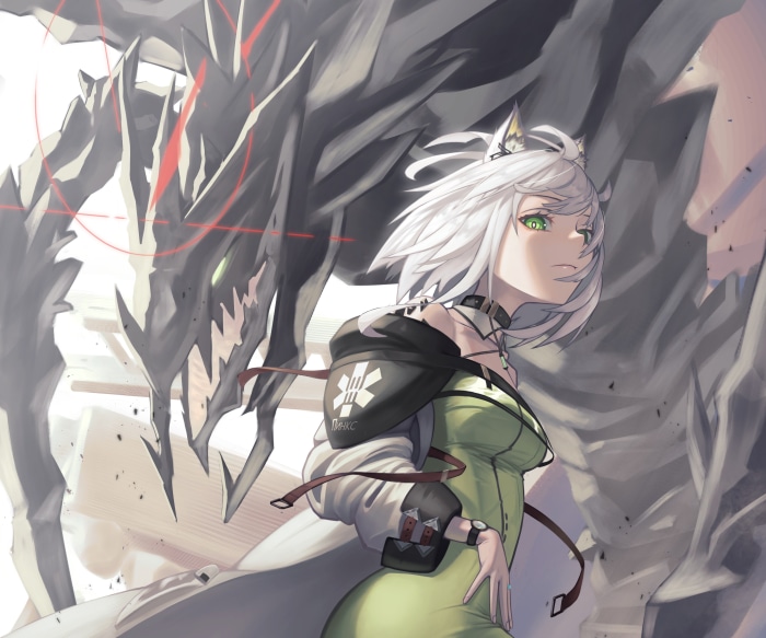 Kaltsit from Arknights with a large creature