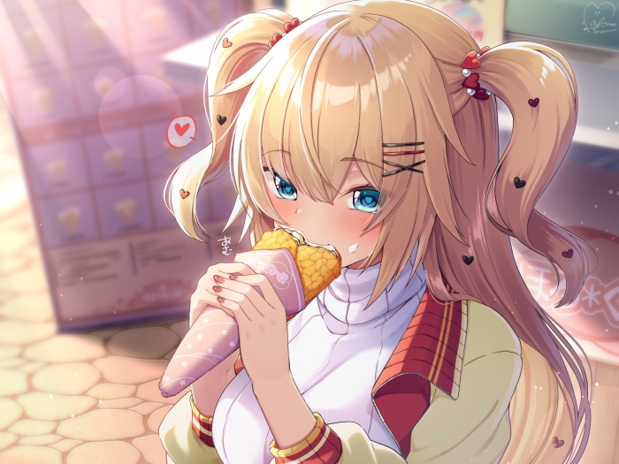 Akai Haato from Hololive eating a crepe