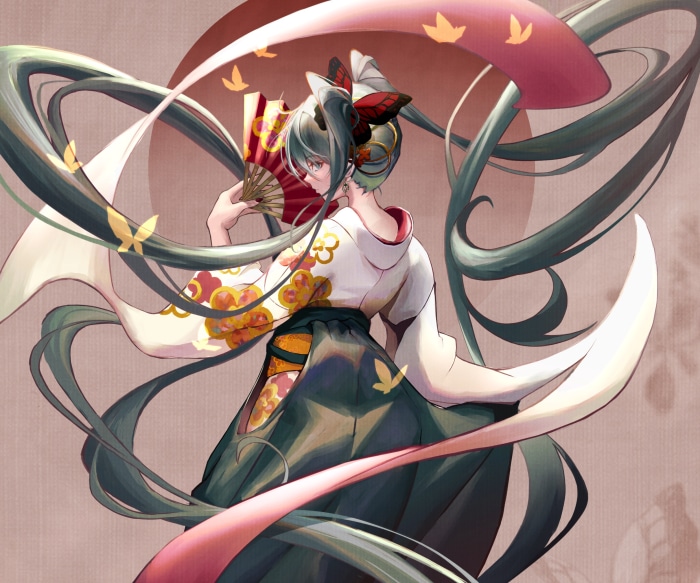 Hatsune Miku with fan and butterflies
