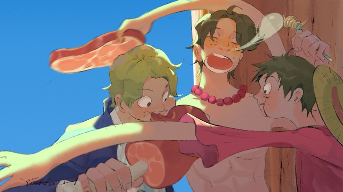 Sabo, Luffy, and Ace from One Piece eating meat