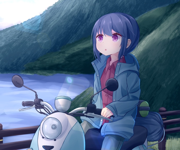 Rin Shima from Laid-Back Camp on a scooter
