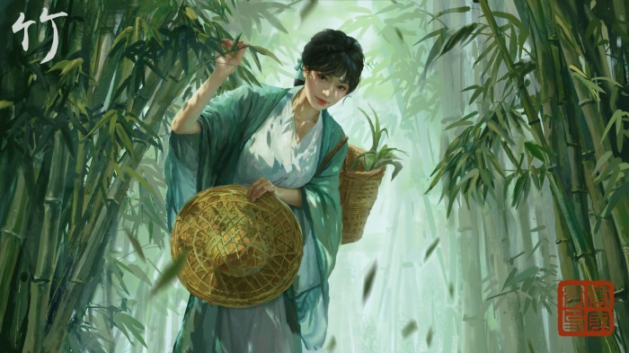 Woman in bamboo forest with basket and hat