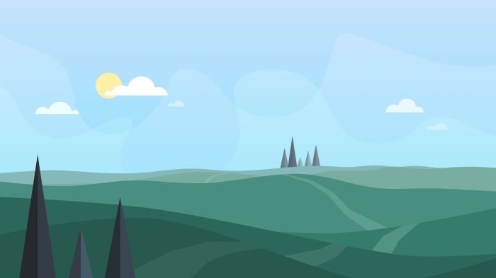 Minimalist landscape with rolling hills and trees