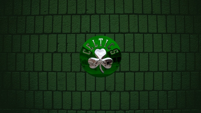 Boston Celtics logo on green brick background