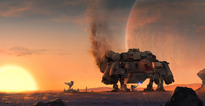 Starfield Sci-Fi Landscape with Large Mech