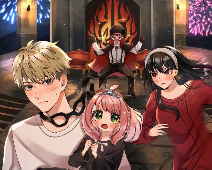 Loid, Yor, and Anya Forger with a man in a cape