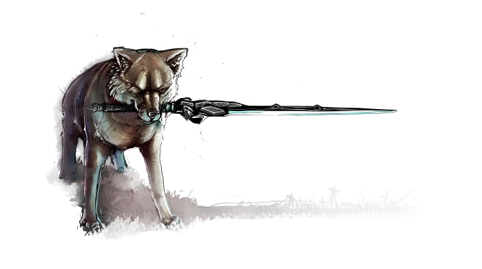 Great Grey Wolf Sif holding a sword
