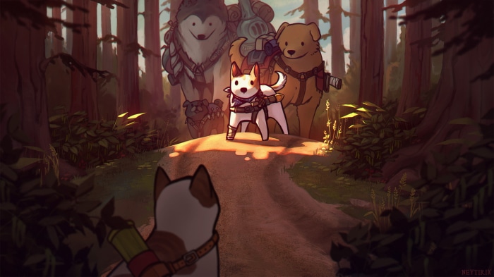 Dogs in armor on a forest path