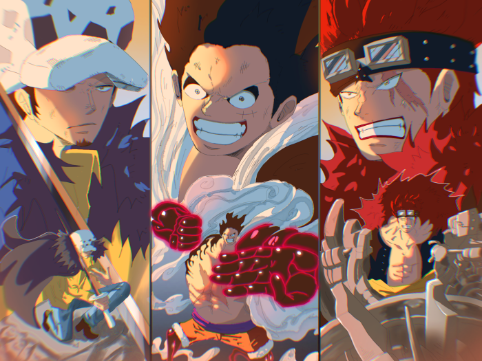 Trafalgar Law, Eustass Kid, and Monkey D. Luffy from One Piece